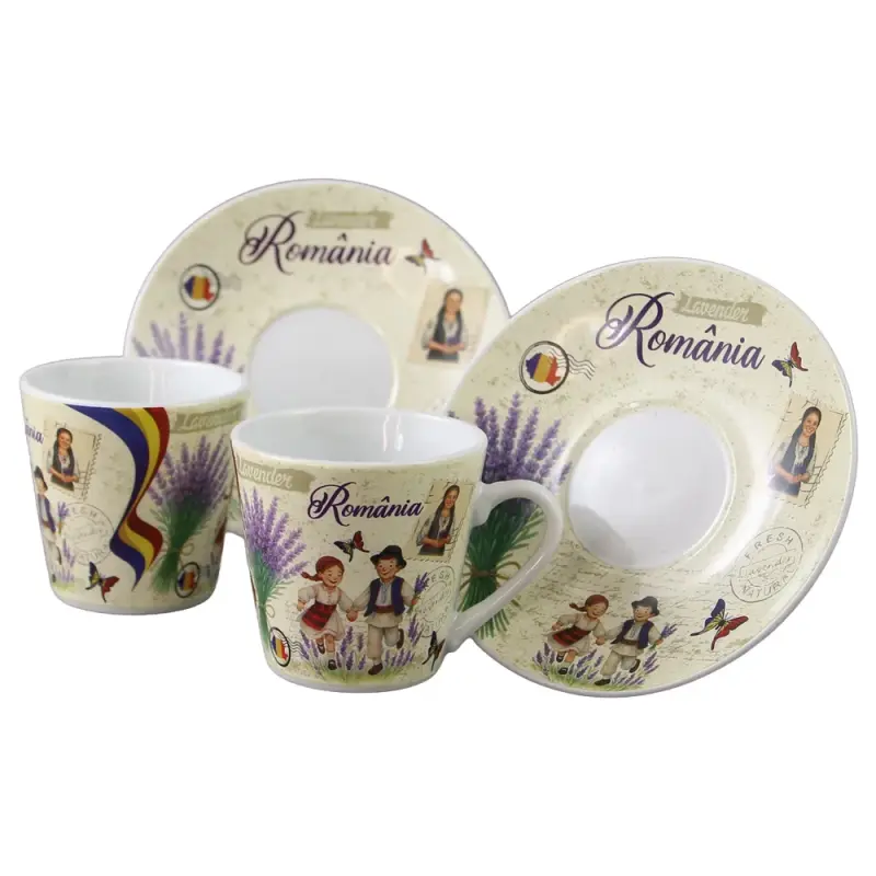 Set 2 cesti cafea cu farfurioare din ceramica, suvenir gift shop, 70 ml copii cu lavanda